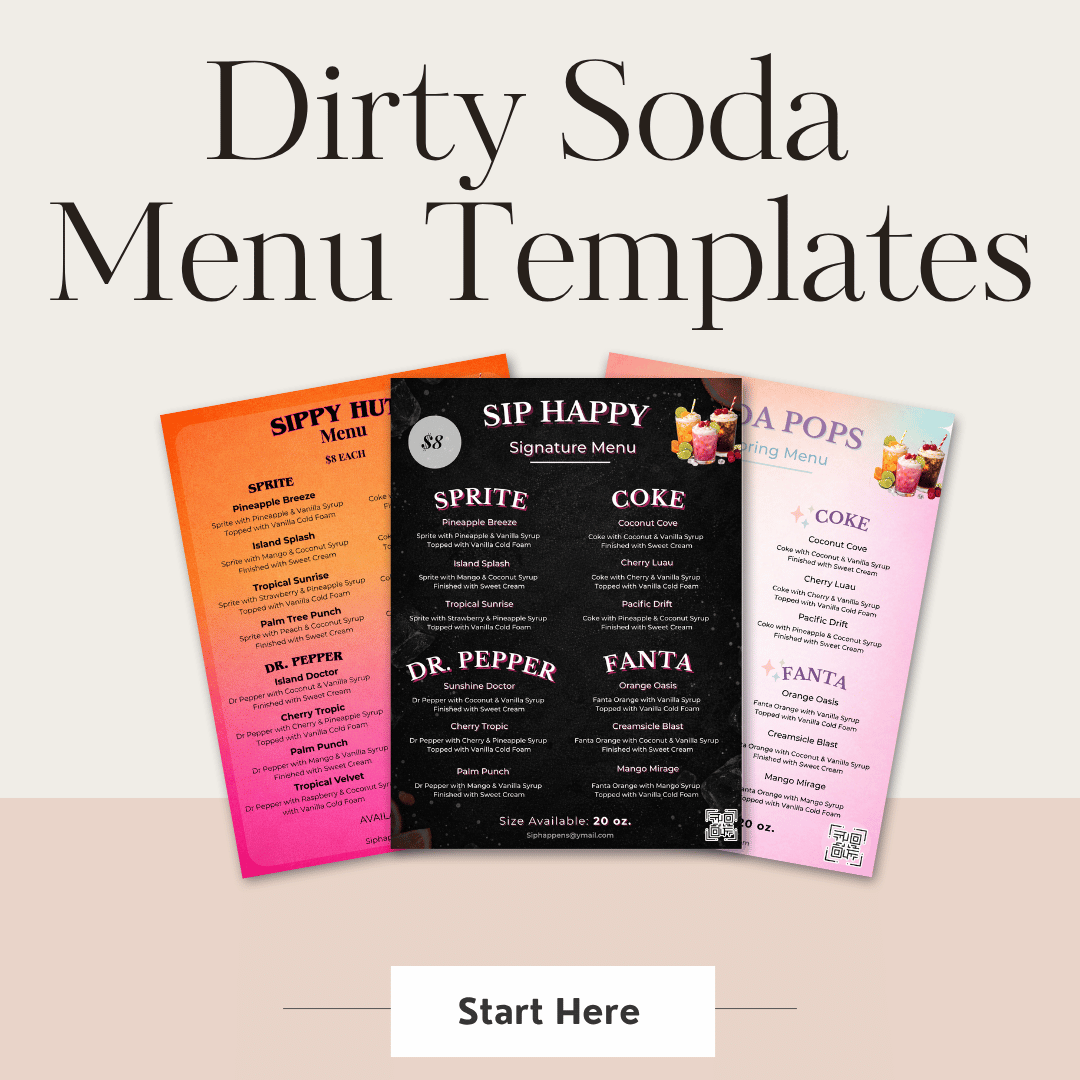 Dirty Soda Menu Templates, three editable menu designs