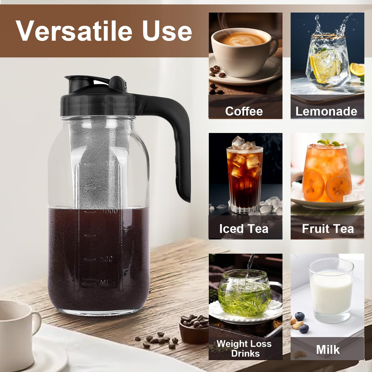 [Upgraded Widened Handle] Cold Brew Coffee Maker, Mason Jar Pitcher