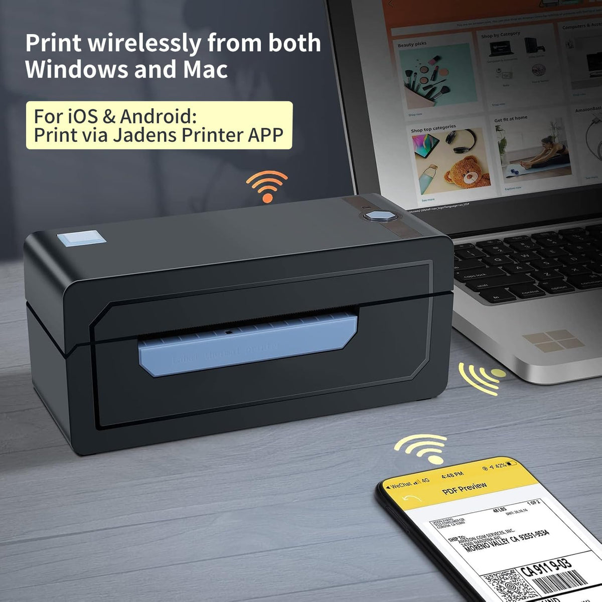 JADENS Bluetooth Thermal Shipping Label Printer, Wireless 4x6 Label Printer