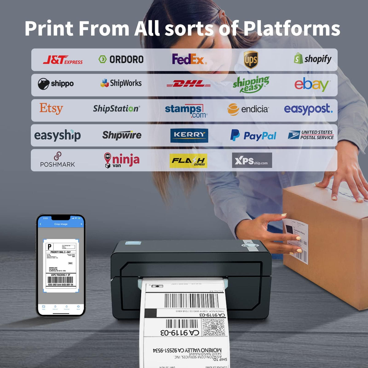 JADENS Bluetooth Thermal Shipping Label Printer, Wireless 4x6 Label Printer